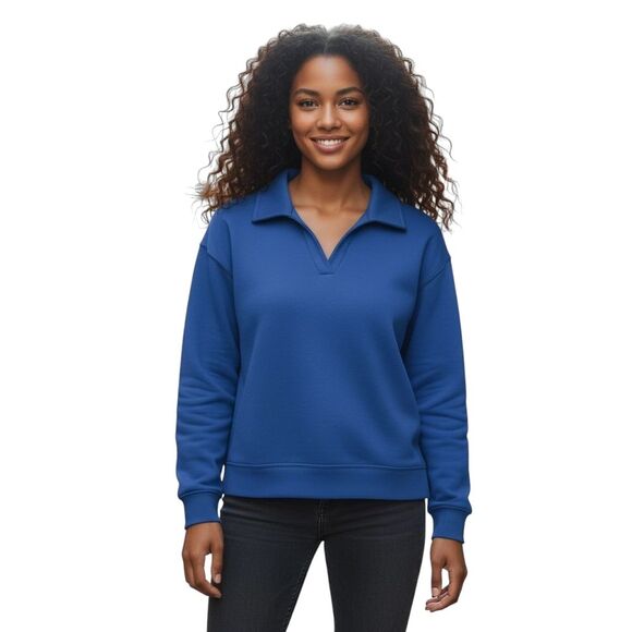 Merokeety Sweatshirt Women Blue V-Neck Pullover Blue Lapel Long Sleeve - Picture 1 of 7